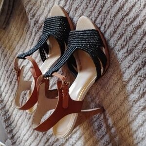Juicy Couture Amali High Heel Shoe W/ A Black Raffia Upper And A Tan Ankle Strap